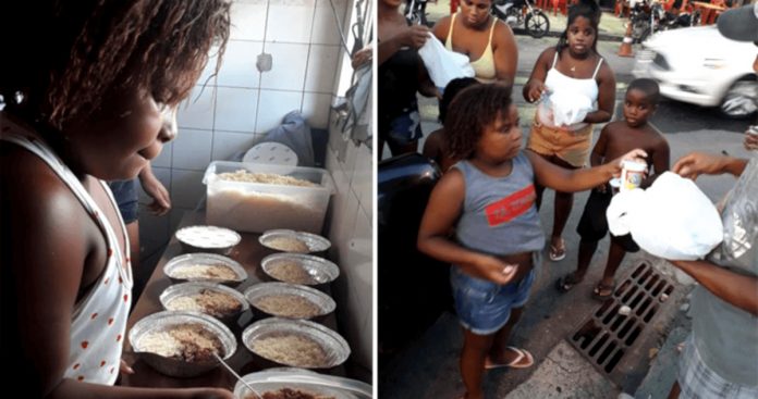 Como festa de aniversário de seus 8 anos, Adrielly distribuiu marmitas para desabrigados