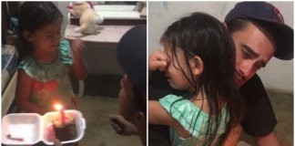 Sem dinheiro para festa no aniversário da filha, pai chega em casa com fatia de bolo e menina se emociona