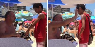 Homem passa protetor solar em menino que vendia bala na praia sob sol escaldante