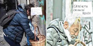 Italianos penduram cestas de alimentos para moradores de rua durante pandemia