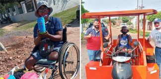 Comerciante de rua com deficiência ganha cadeira de rodas motorizada que o protege do sol