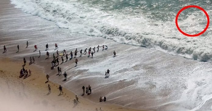 Fazendo uma corrente humana, banhistas salvam a vida de homem que afogava no mar