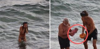 Eles pensaram que ela estava mergulhando para nadar, mas então um bebê surgiu entre as ondas