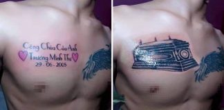 Jovem tatua caixão no peito para cobrir tatuagem em homenagem à ex