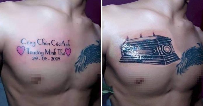 Jovem tatua caixão no peito para cobrir tatuagem em homenagem à ex