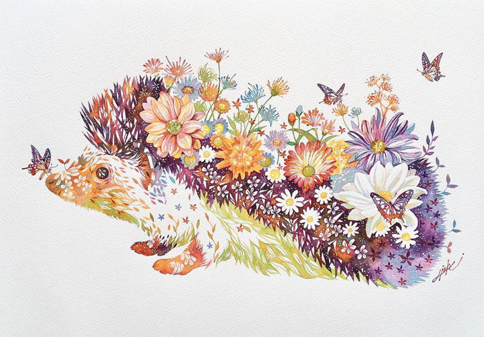 psicologiasdobrasil.com.br - Artista japonês cria belas pinturas em aquarela de animais cheios de elementos da natureza