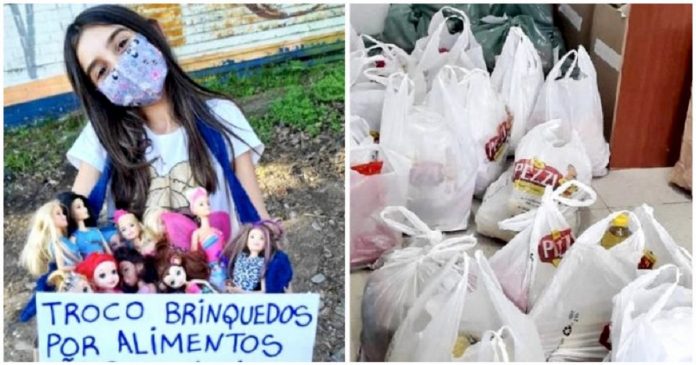 Menina de 9 anos troca seus brinquedos por alimentos para famílias carentes