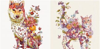 Artista japonês cria belas pinturas em aquarela de animais cheios de elementos da natureza