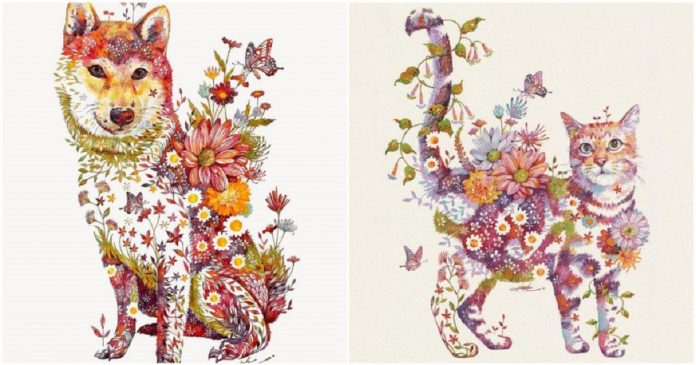 Artista japonês cria belas pinturas em aquarela de animais cheios de elementos da natureza