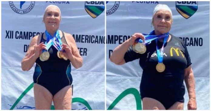 Idosa de 87 anos ganhou 6 medalhas de ouro na competição sul-americana de natação