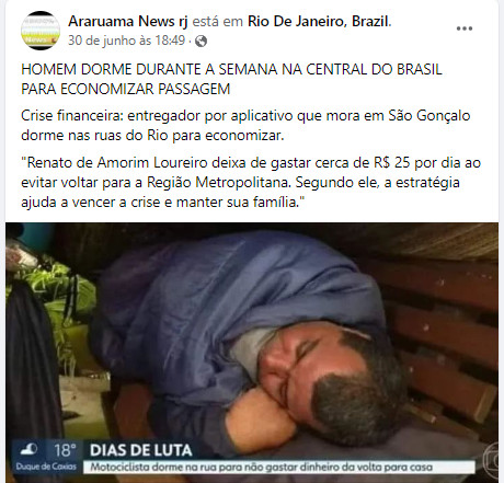 psicologiasdobrasil.com.br - Para economizar com a passagem homem dorme na Central do Brasil durante a semana.