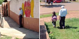 Avô de 88 anos acompanha diariamente sua “bisneta postiça” à escola e a espera na saída.