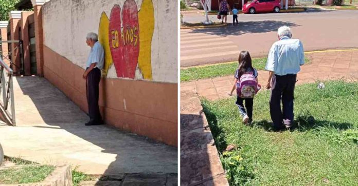 Avô de 88 anos acompanha diariamente sua “bisneta postiça” à escola e a espera na saída.