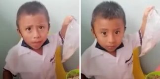 Menino guarda parte da merenda da escola para levar para sua mãe comer