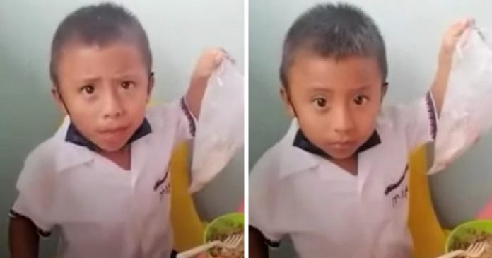 Menino guarda parte da merenda da escola para levar para sua mãe comer