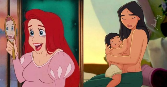 Ilustradora reimagina as princesas da Disney enfrentando maternidade real