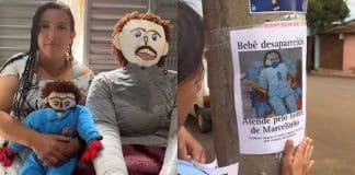 Mulher casada com boneco de pano diz que filho foi sequestrado e epalha cartazes pela cidade