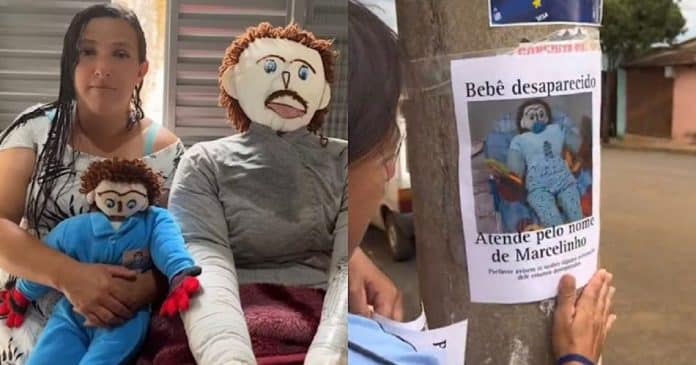 Mulher casada com boneco de pano diz que filho foi sequestrado e epalha cartazes pela cidade