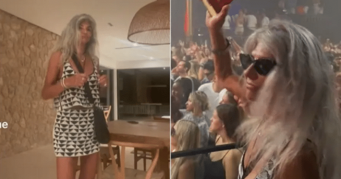 Mulher de 73 anos viraliza ao arrasar de cropped e minissaia em festa eletrônica